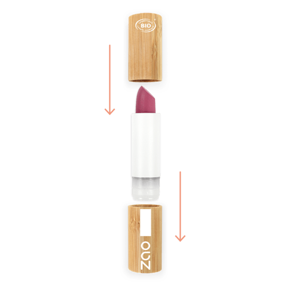 Classic Matt Lipstick REFILLABLE with natural bamboo packaging and soft pink matte lipstick shade shown separated for refill use