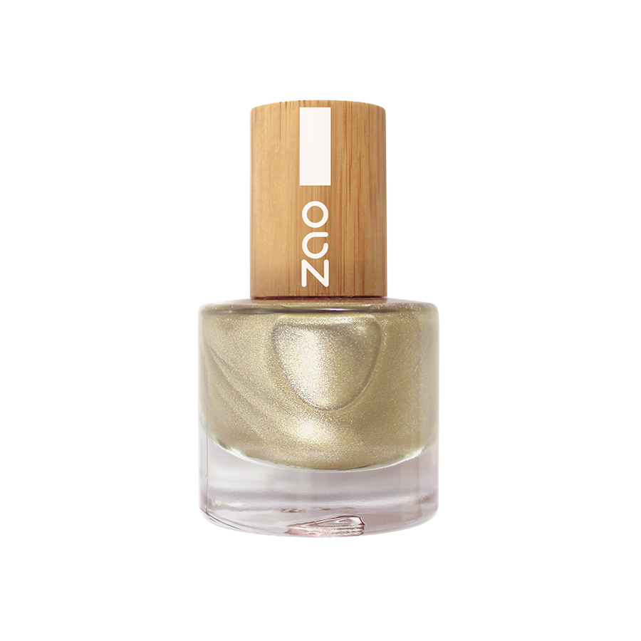 Nail Polish (8ml) in a shimmery gold shade with a natural bamboo cap, eco-friendly and stylish nail color option