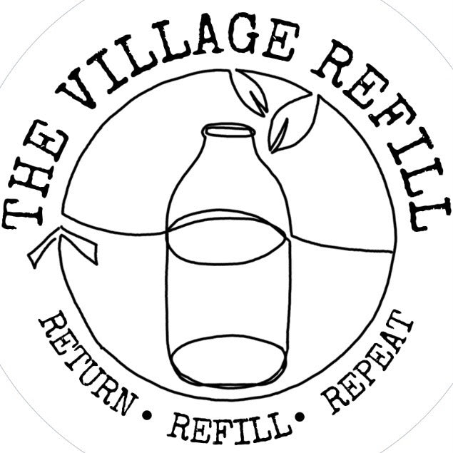 The Village Refill logo with a glass bottle and leaves promoting sustainable Corn Starch Flour ORGANIC (per 100g) refill.