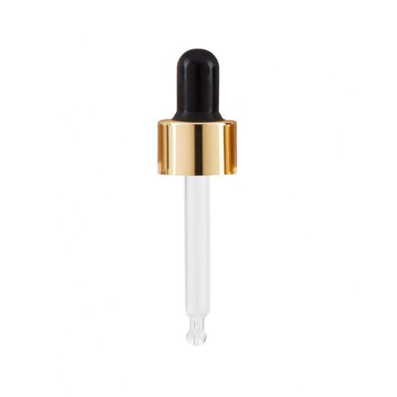 Glass Pipette 77mm with black rubber bulb and gold collar for precise liquid dispensing in skincare or refill applications