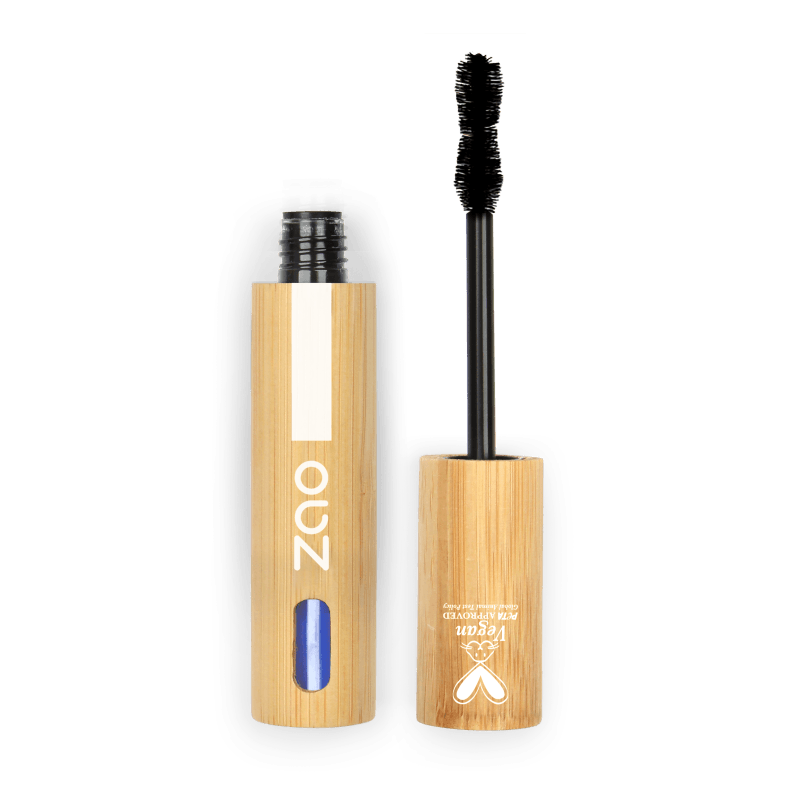Open wooden tube and wand of Daring Volume Mascara ORGANIC (7ml) with natural plant-based packaging design