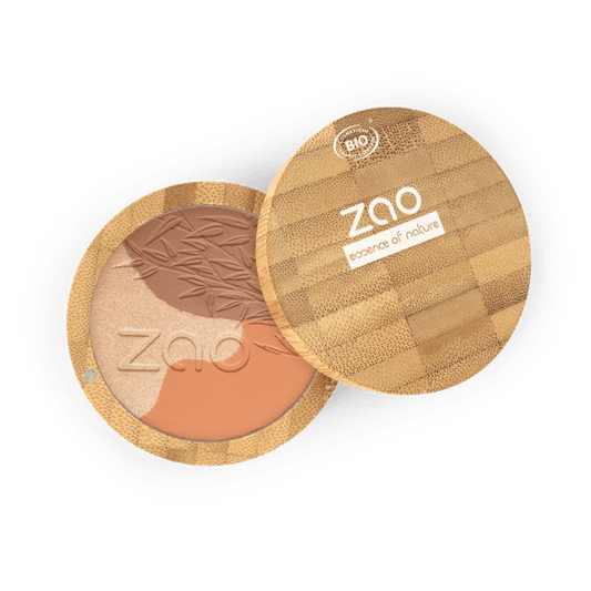 Open compact showing ORGANIC Sublime Mosaic Powder REFILLABLE with natural shades and bamboo packaging design