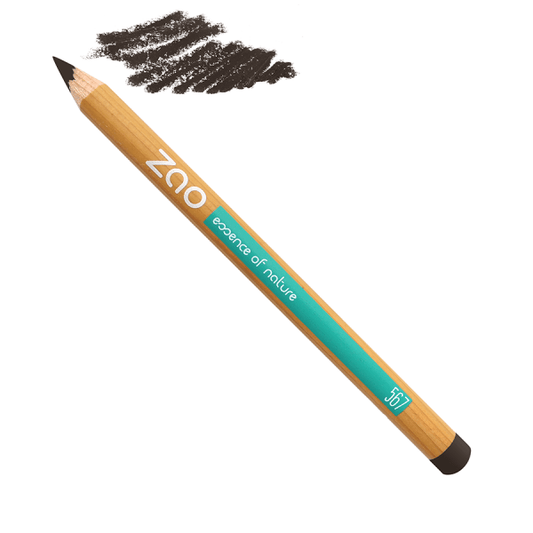 Eyebrow Pencil ORGANIC with natural wood casing and dark brown pigment swatches on white background