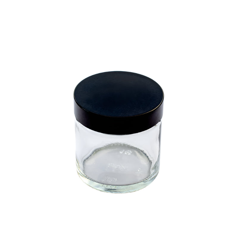 60ml Clear Glass Jars with black lids, ideal for natural skincare, organic food, and plastic free refill storage.