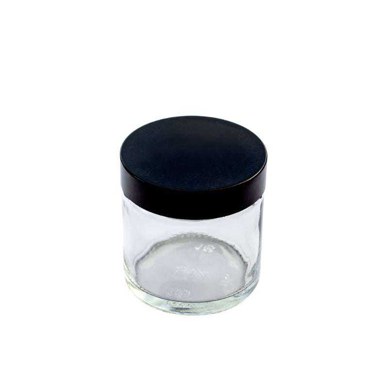 60ml Clear Glass Jars with black lids, ideal for natural skincare, organic food, and plastic free refill storage.