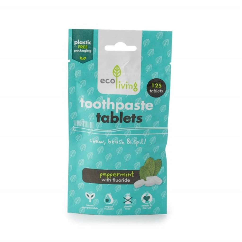 Eco Living Toothpaste Tablets with FLOURIDE in plastic free packaging with peppermint flavor and 125 tablets content