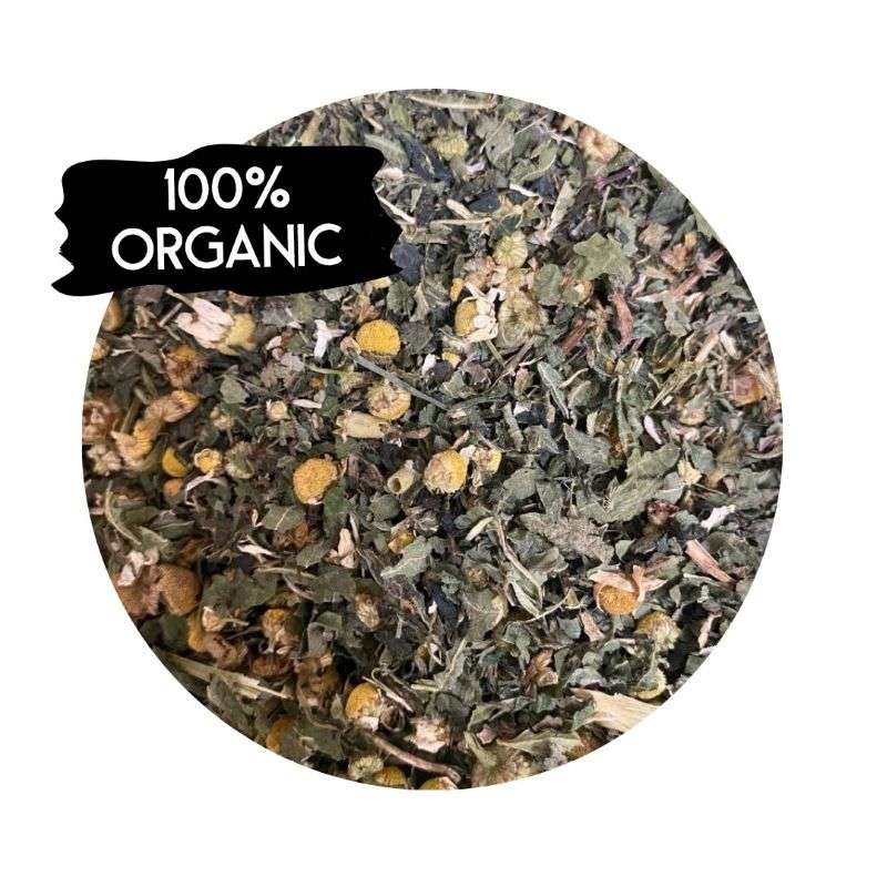 Close-up of dried herbs and flowers in Allergy Relief Tea Blend Organic (per 100g) with 100% organic label visible