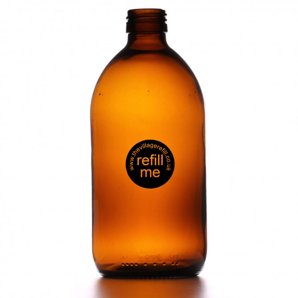 Brown glass bottle with a 'refill me' label on a white background
