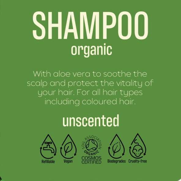 ORGANIC Shampoo UNSCENTED with aloe vera, suitable for all hair types, natural skincare, vegan, cruelty-free, and refillable.