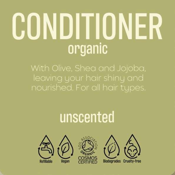 ORGANIC Conditioner UNSCENTED with olive, shea, and jojoba for shiny, nourished hair, suitable for all hair types and cruelty-free.