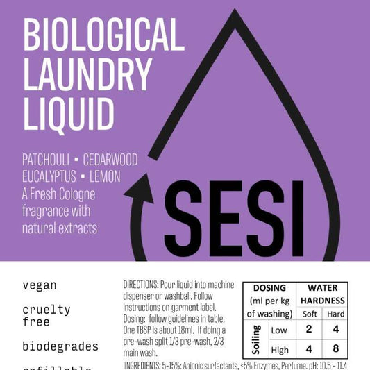 Label of a biological laundry liquid with patchouli, cedarwood, eucalyptus, and lemon fragrance. The product is presented by SESI and information such as vegan, cruelty-free, biodegradable, and the name of the product is displayed.