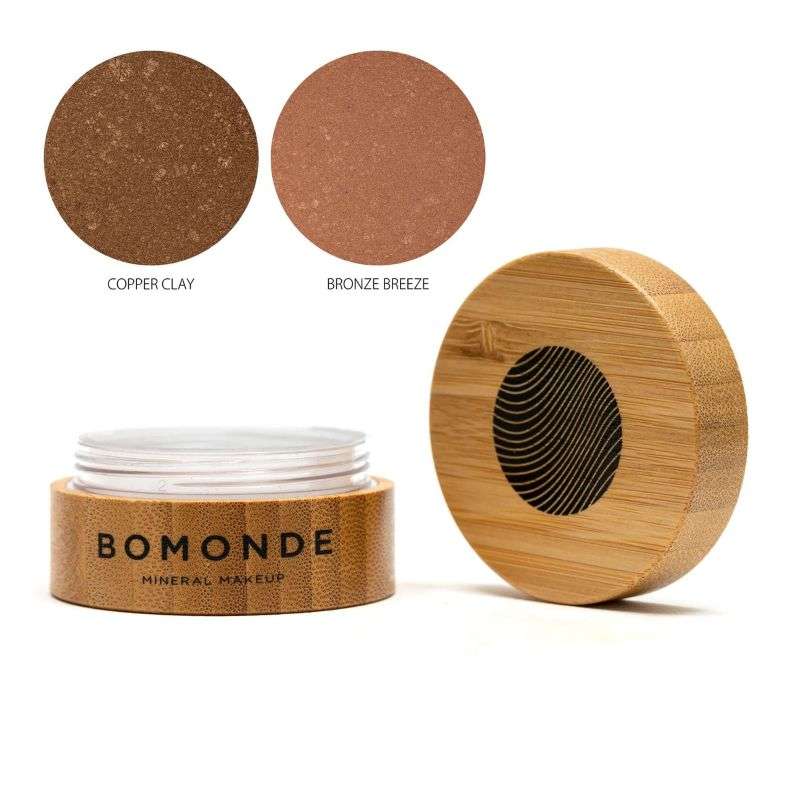 Bomonde mineral makeup jar with wooden lid and color swatches on a white background