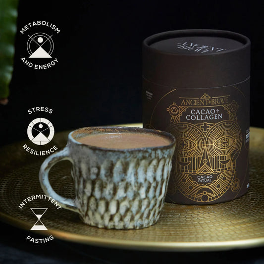 Cacao and collagen product with a cup of hot chocolate on a dark background