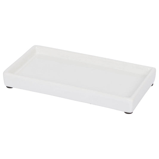 A white rectangular tray with raised edges and small black feet at the corners, shown on a plain white background.