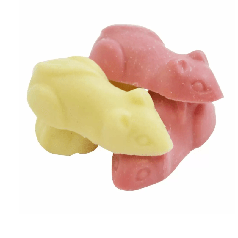 Two pink and white mice-shaped treats stacked together, Pink & White Mice (per 100g) in a friendly view