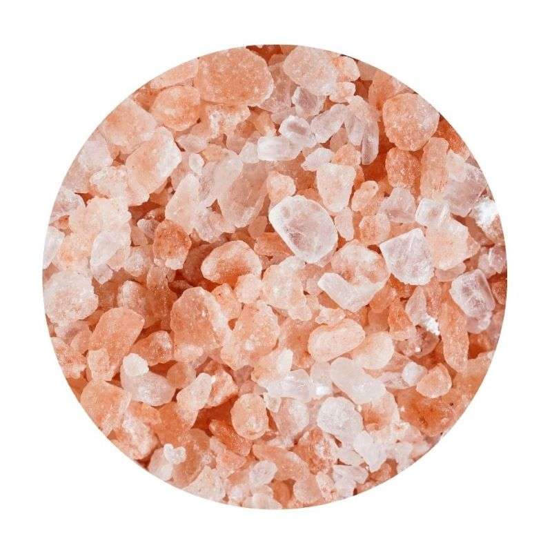 Close-up of coarse pink and white crystals for Course Himalayan Salt ORGANIC (per 100g) in a natural, organic form