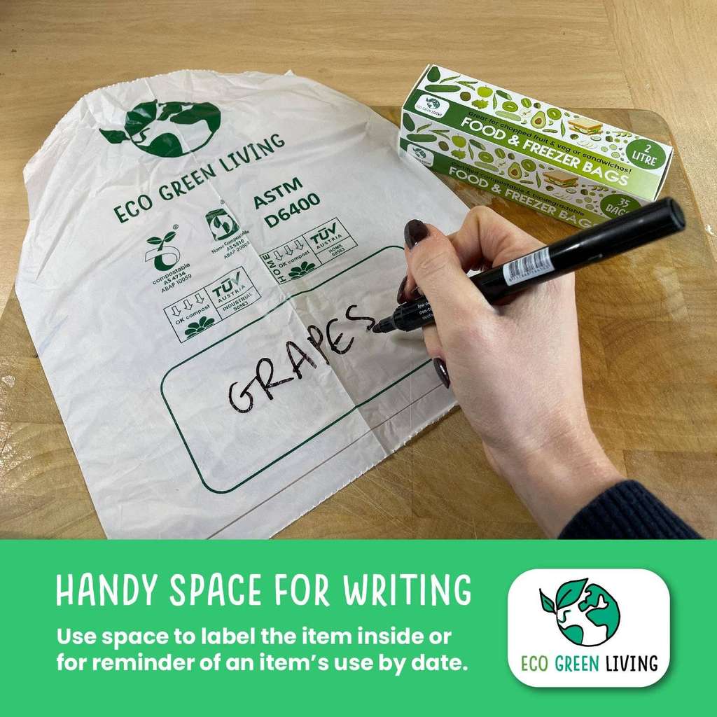 Hand writing on an Eco Green Living branded food storage bag with a marker.