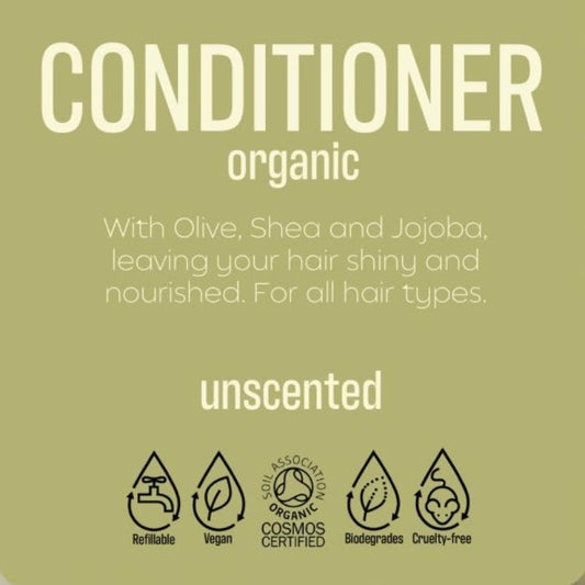 Label for Body and Hair ORGANIC and UNSCENTED Bulk conditioner highlighting natural ingredients and eco-friendly benefits