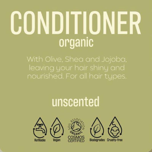 Label for Body and Hair ORGANIC and UNSCENTED Bulk conditioner highlighting natural ingredients and eco-friendly benefits