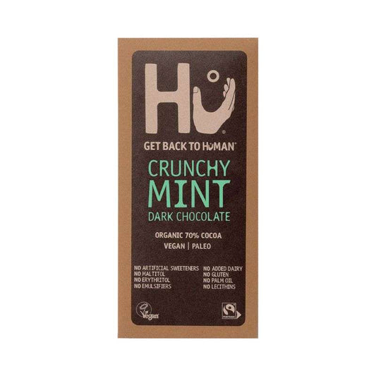 Dark Chocolate ORGANIC (60g) bar with crunchy mint, vegan, paleo, and ethical sustainable packaging design.