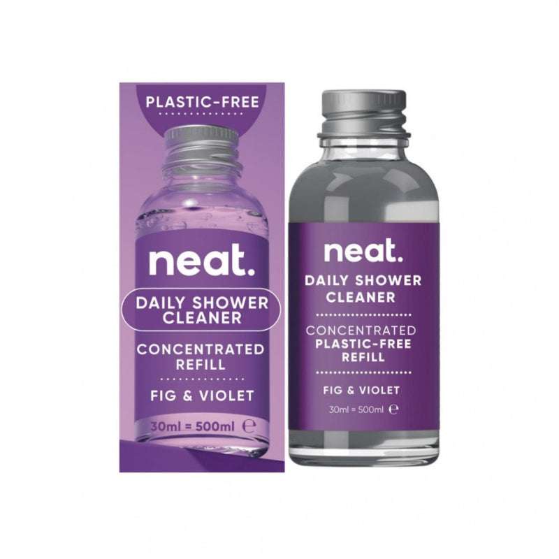 Shower Cleaner REFILL with fig and violet scent, concentrated plastic-free refill in clear bottle with purple label