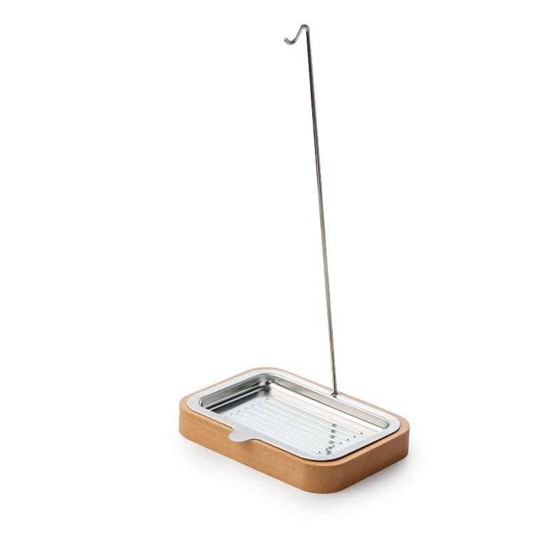 Dish Brush + Soap Dish Holder with wooden base and metal hook for convenient drying and storage in a plastic free household essential setup