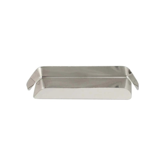 Rectangular metal tray with curved handles on a white background