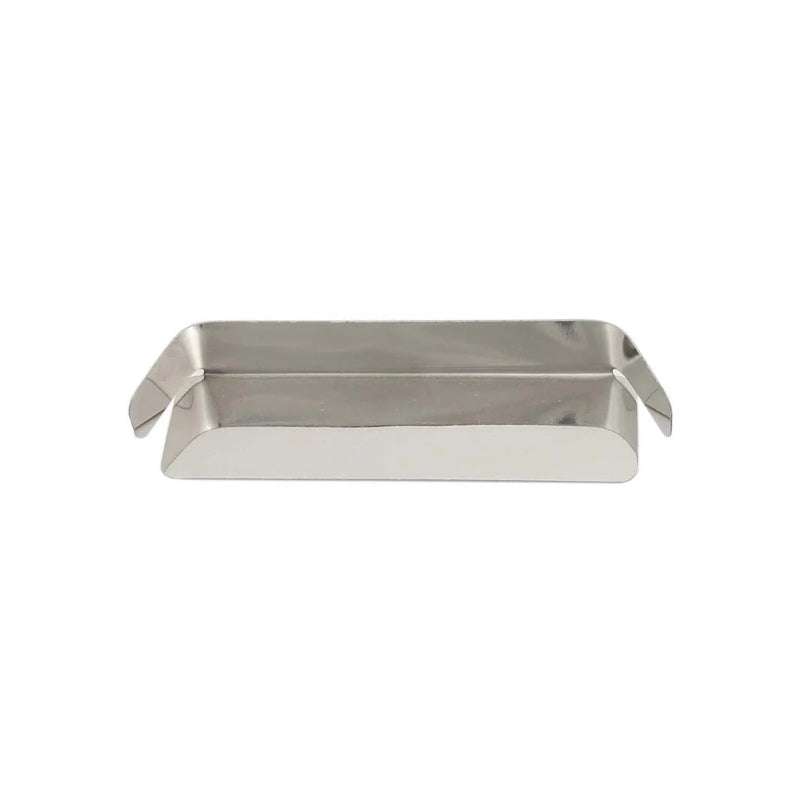 Rectangular metal tray with curved handles on a white background