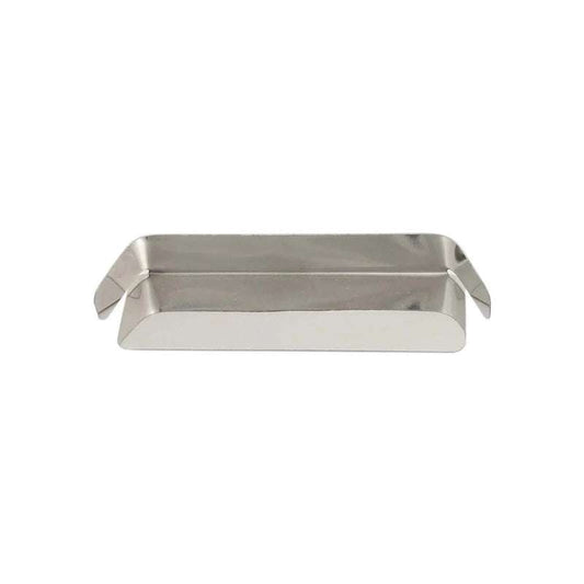 Rectangular metal tray with curved handles on a white background
