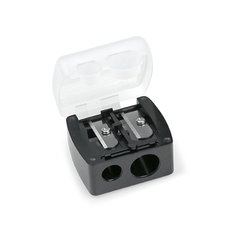 Black and white Duo Pencil Sharpener with dual blades and two sharpening holes, compact design with a transparent lid