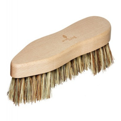 A natural scrubbing grooming brush with natural straw-colored bristles, shown on a plain white background. The brand name 'Beezy Log' is printed on the wooden handle.