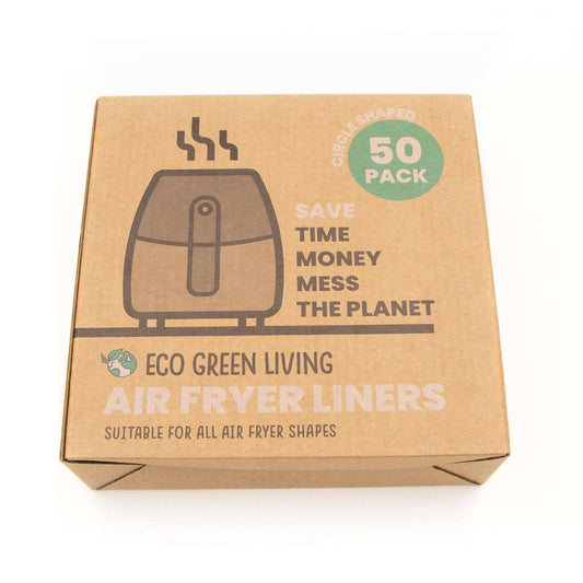 Box of eco-friendly air fryer liners with branding and product information on a white background