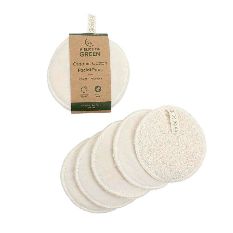 Set of organic cotton facial pads with packaging labeled 'A Slice of Green' on a white background.