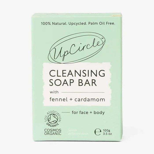 UpCircle cleansing soap bar packaging on a light green background