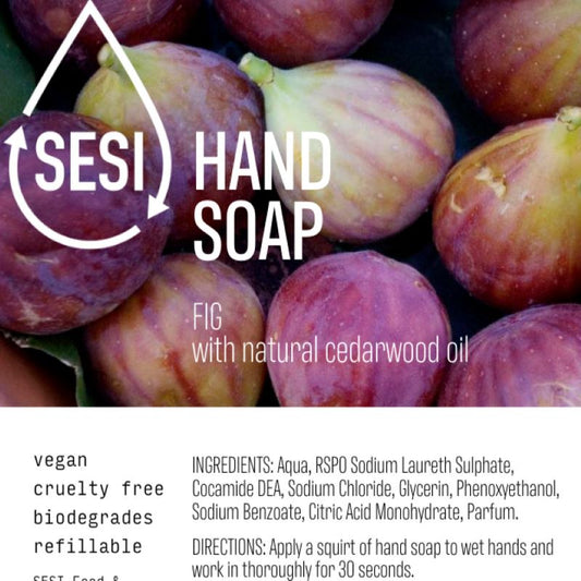Label for SESI Fig hand soap, indicating that it is hand care product and providing product usage instructions.