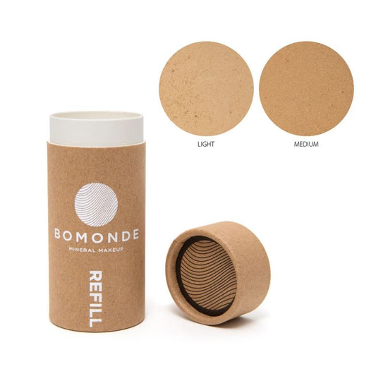 Bomonde mineral makeup refill with two color swatches on a white background