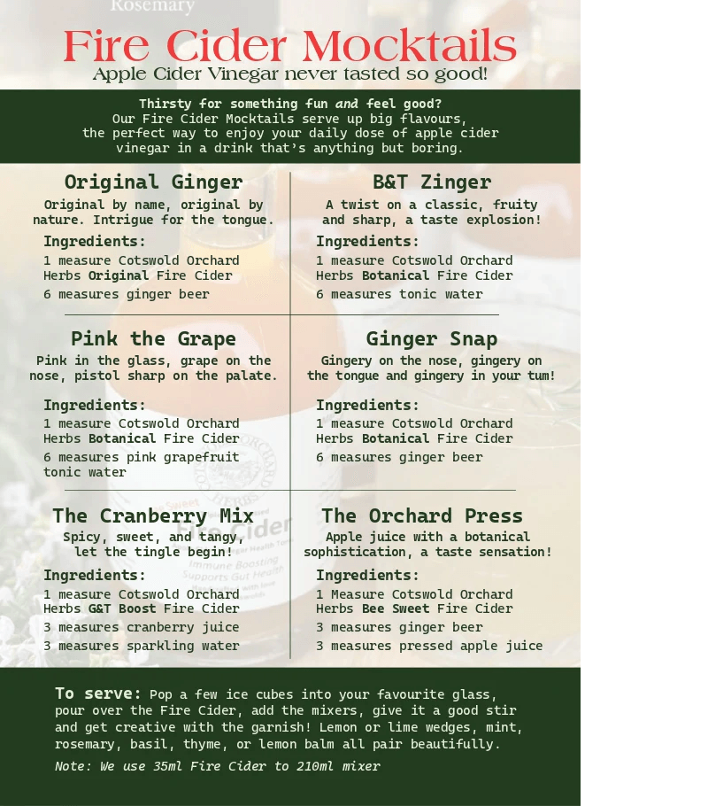 Recipe card showcasing Fire Cider ORGANIC mocktails with natural ingredients and refreshing flavors for a cruelty-free lifestyle