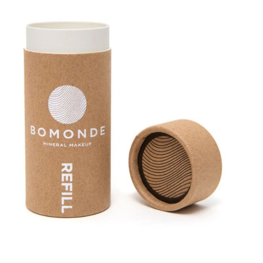 Bomonde mineral makeup refillable container with brown cardboard sleeve on a white background