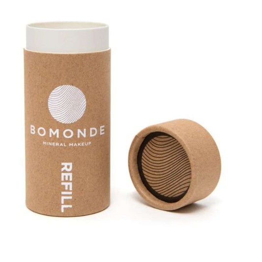 Bomonde mineral makeup refillable container with brown cardboard sleeve on a white background