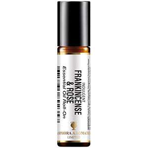 Frankincense + Rose Roll on (10ml) essential oil bottle with black cap and white label on white background
