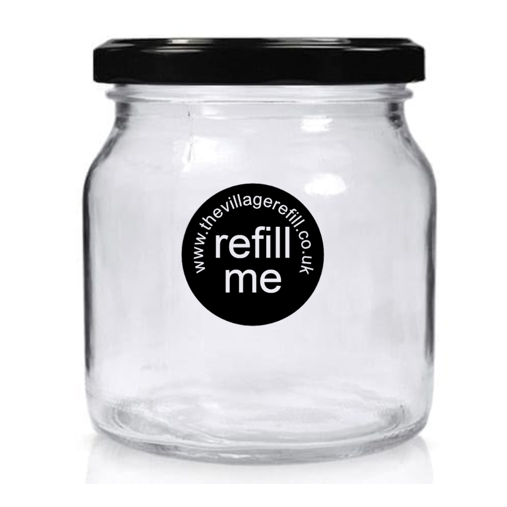 Clear glass jar with a black lid and 'refill me' label on a white background