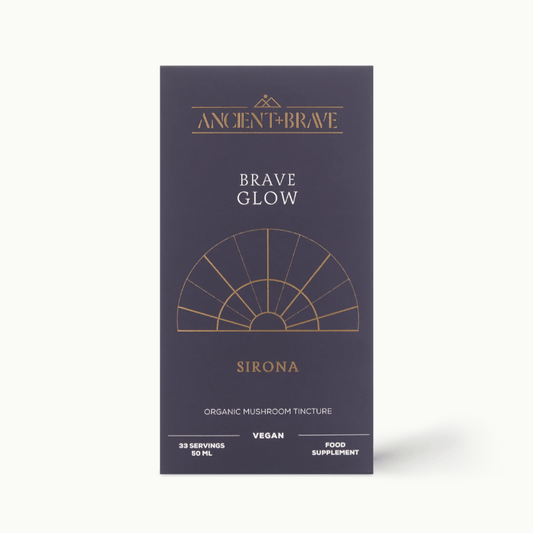 Dark blue packaging of 'Brave Glow' by 'Ancient Brave' on a white background