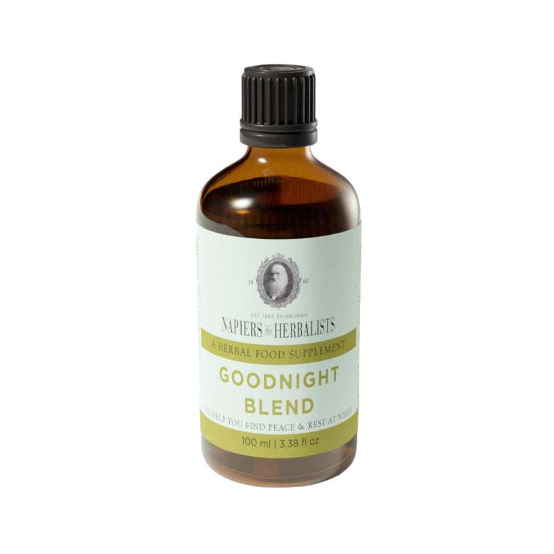 Bottle of 'Goodnight Blend' herbal supplement with a label on a white background