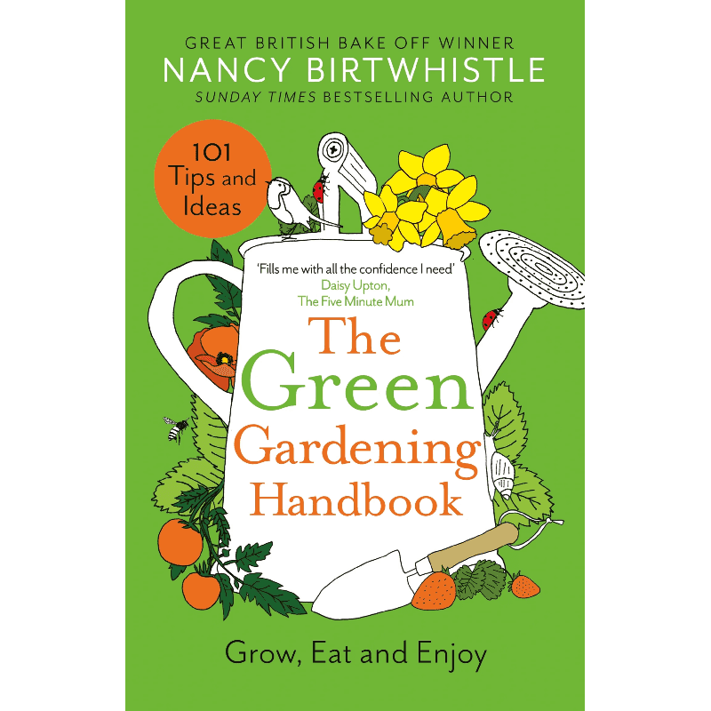 Cover of The Green Gardening Handbook (HB) featuring gardening tools, plants, and flowers on a bright green background