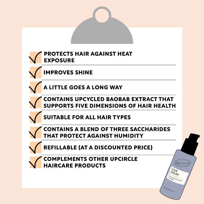 Hair serum product with features listed on a clipboard against a pink background
