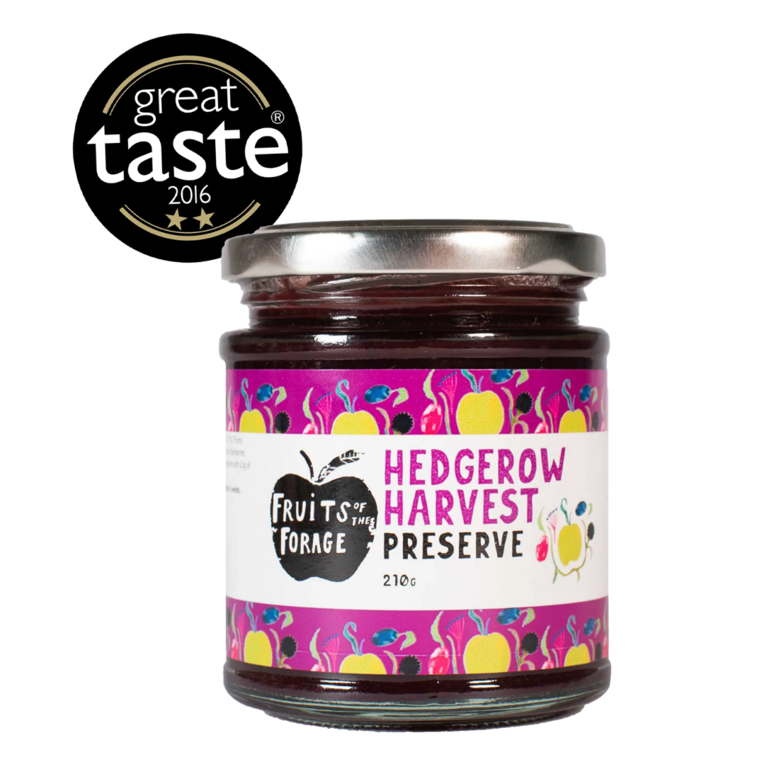 A jar of Hedgerow Harvest Preserve fruit and vegetable preserve on a white background, featuring a colourful label and a 'great taste' badge.