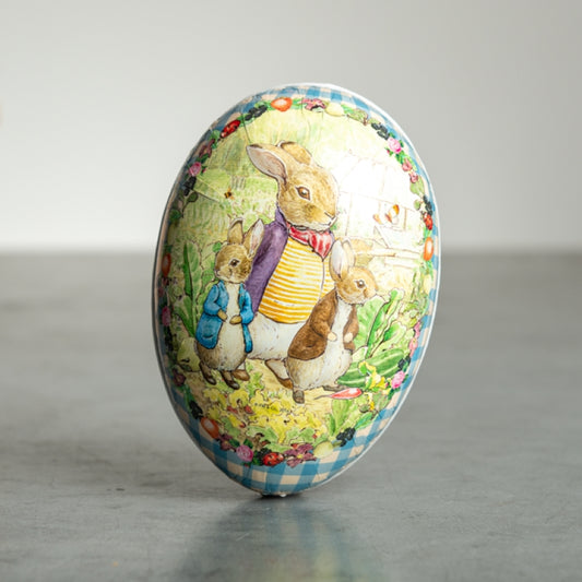 Refillable Easter Egg Box with charming bunny family illustration and colorful floral border in vintage style design