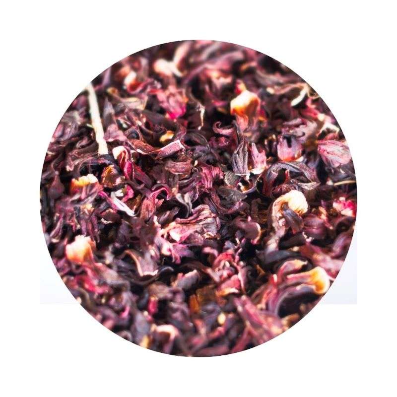 Close-up of dried hibiscus petals showcasing deep red and purple hues for Dried Hibiscus Flower ORGANIC (per 100g)