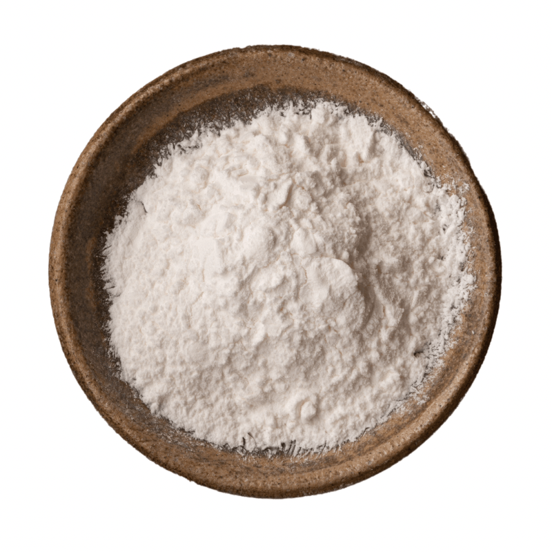 Baobab Powder ORGANIC (per 100g) white fine powder in a rustic brown bowl, sustainable and cruelty-free product.