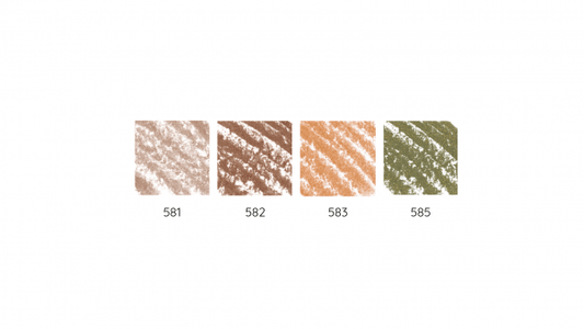 Close-up of four color swatches for Jumbo Pencil ORGANIC in natural earth tones and green shades with textured surfaces.